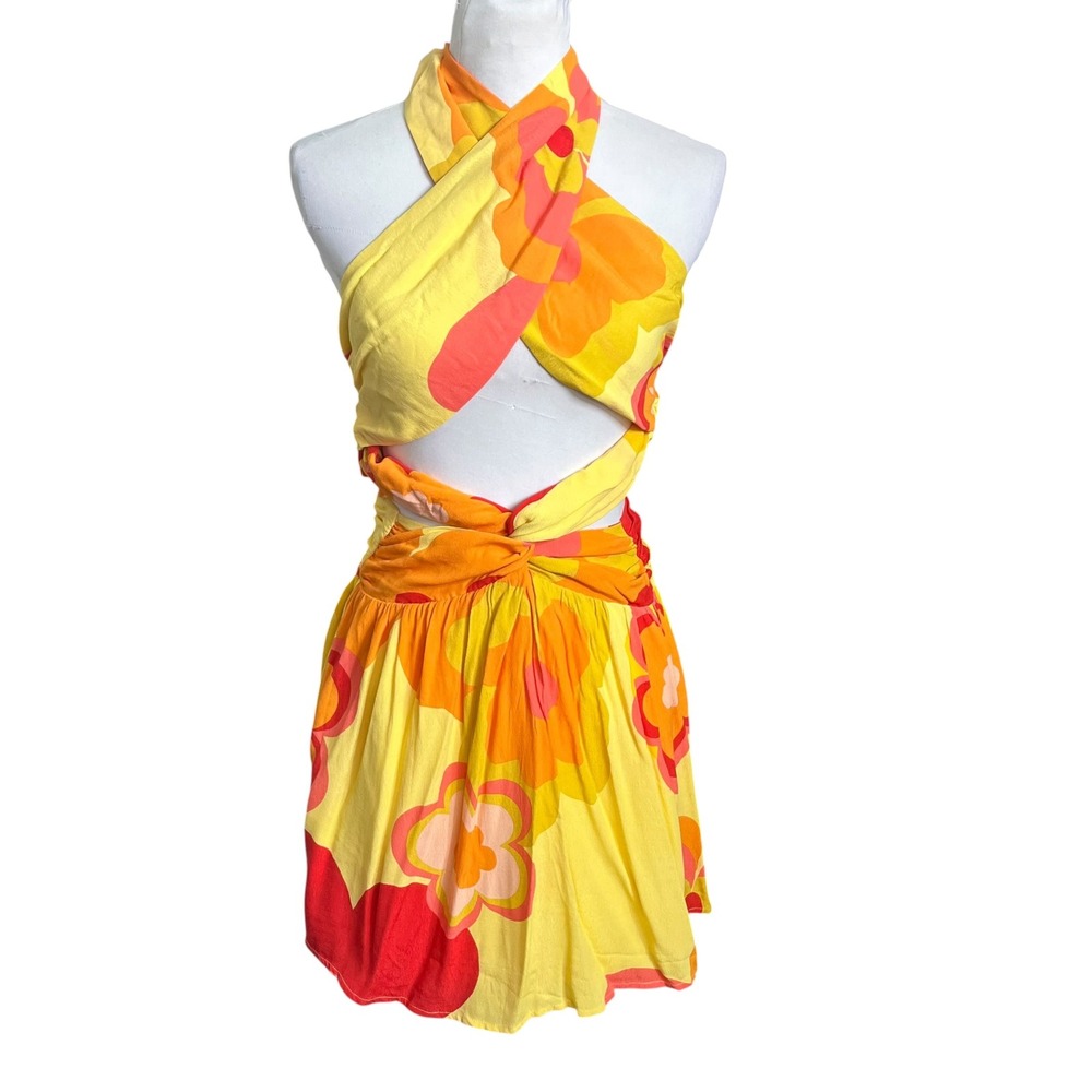 Sabo Skirt Amina Floral Halter Mini Dress Womens XS Yellow Cutout Boho Resort - Picture 2 of 9